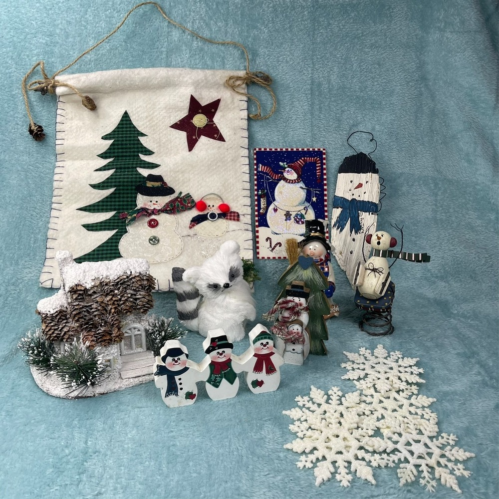 Lot 14 Snowman Winter Decor Ornaments Figurines Wall Hanging Wood Resin Xmas VTG